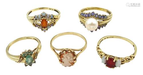 Five semi-precious stone set gold rings hallmarked or stampe...