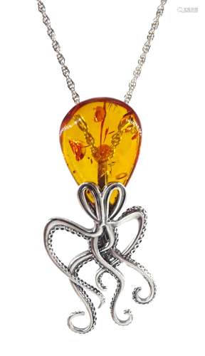 Silver amber octopus pendant necklace