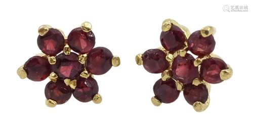 Pair of 9ct gold garnet flower stud earrings