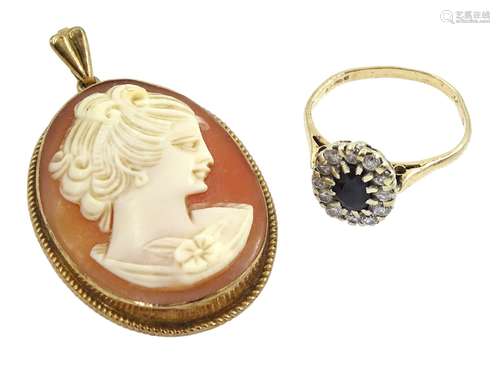 Gold cameo brooch and gold stone set cluster ring