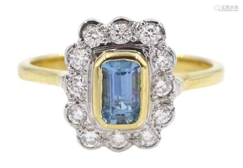 18ct gold emerald cut aquamarine and round brilliant cut dia...