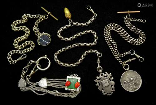 Four Victorian and later silver watch chains with fobs inclu...