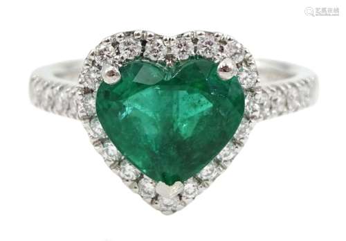Platinum heart shaped Zambian emerald and diamond cluster ri...