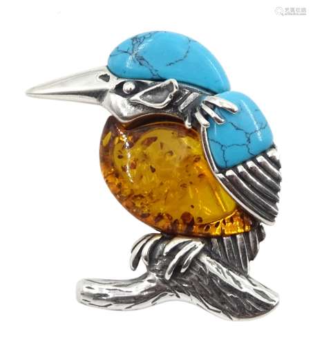 Silver turquoise and amber kingfisher brooch