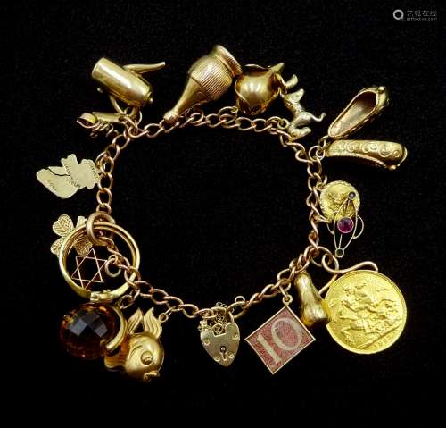 9ct gold chain bracelet with charms including 1903 gold sove...