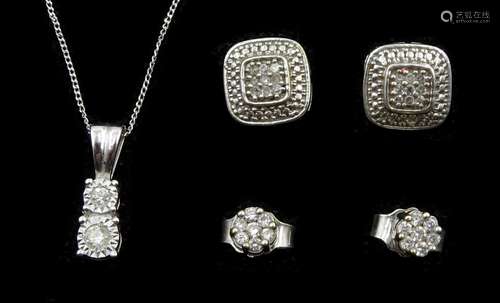 White gold two stone diamond pendant necklace and two pairs ...