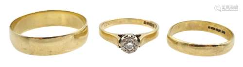 Two 9ct gold wedding rings and 9ct gold single stone diamond...