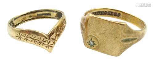 9ct gold signet ring set with diamond and a wishbone ring bo...