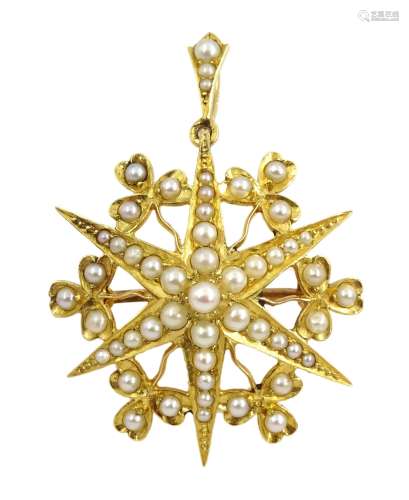 Edwardian 18ct gold split seed pearl star pendant