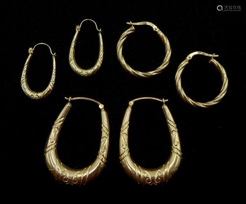 Three pairs 9ct gold hoop earrings