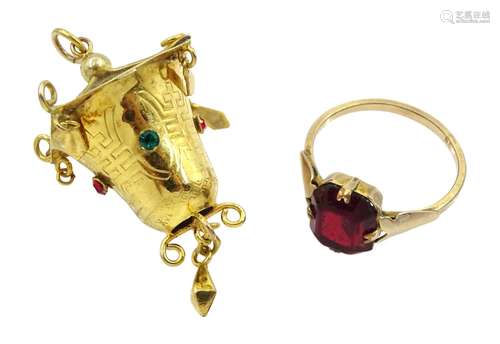 9ct gold lantern stone set pendant and a gilt garnet ring