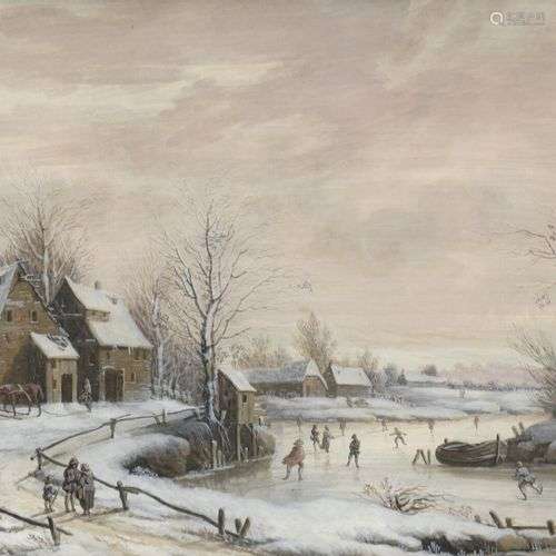 École du NORD du XVIIIe siècle Patineurs sur la rivière gelé...