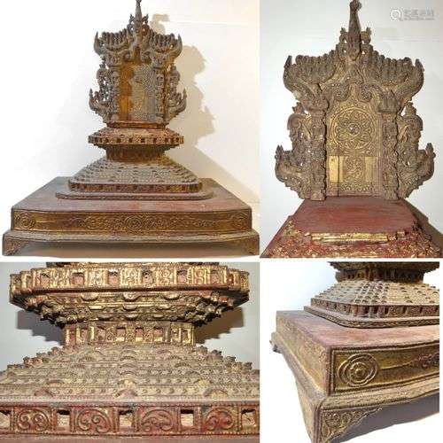 Autel ouvragé en bois laqué et doré. Birmanie. XIXe. L. 66 c...