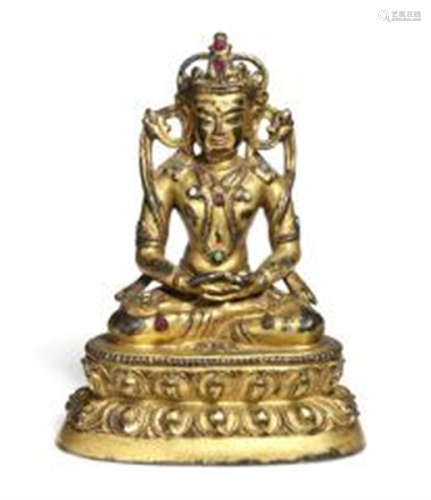 A Tibetan gilt copper alloy figure of Amitayus. Sealed. 16th...