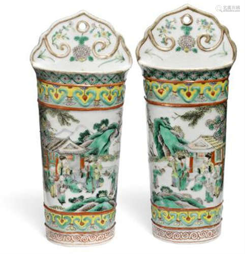 A pair of Chinese enamelled porcelain wall vases. Late Qing,...