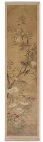 Six Chinese scrolls decorated in colours with birds and flow...