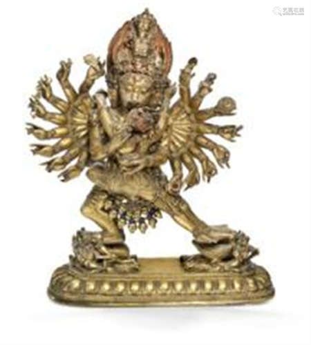 A fine gilt copper group depicting Vajrabhairava and his con...