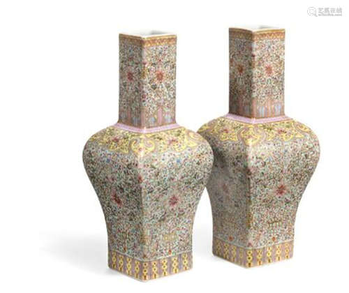 A pair of Chinese four-sided baluster-shaped famille rose va...