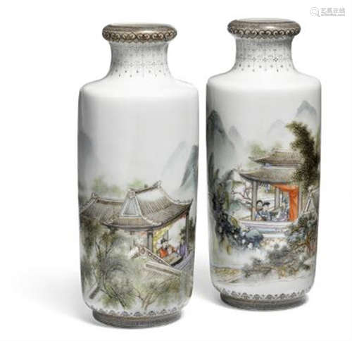 Wan Yunyan (1910-1959): A pair of enamelled porcelain vases,...