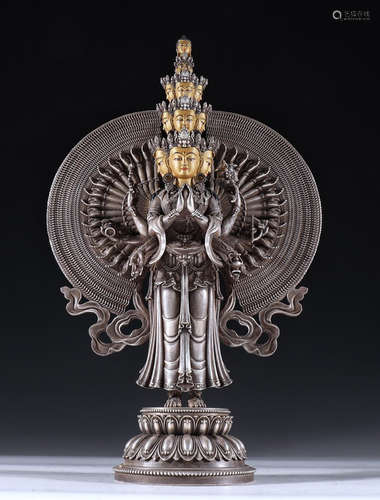 SILVER CAST GUANYIN BUDDHA STATUE