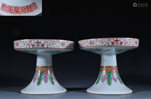 JIAQING MARK ENAMELED GLAZE FLOWER BIRD PLATES PAIR