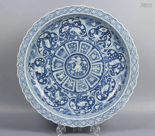 BLUE WHITE GLAZE CRANE PATTERN PLATE