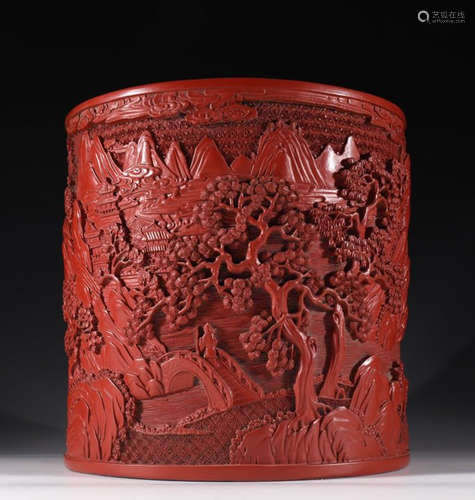 RED LACQUER LANDSCAPE PATTERN BRUSH POT