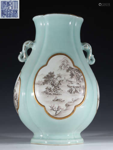 BEAN GREEN MOCAI GLAZE LANDSCAPE PATTERN VASE