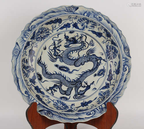 BLUE WHITE GLAZE DRAGON PATTERN PLATE