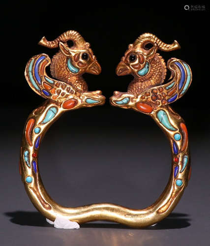 GILT BRONZE WITH GEM PHOENIX PATTERN BANGLES PAIR