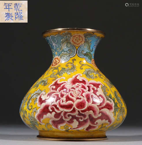 QIANLONG MARK COPPER WITH ENAMELED GLAZE FLOWER VASE