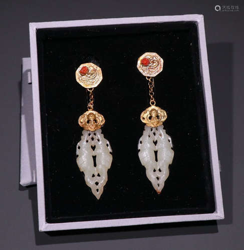 GILT SILVER WITH JADE EARRINGS PAIR