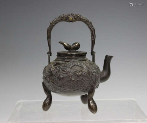 A Chinese brown patinated bronze miniature teapot and cover,...