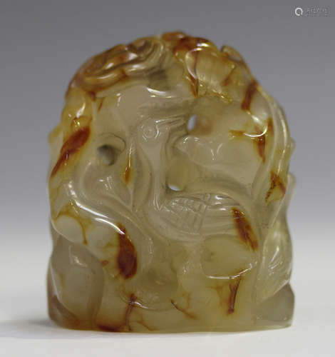 A Chinese agate finial, probably 20th century, carved and pi...