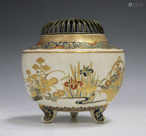 A Japanese Satsuma earthenware koro, Meiji period, the shoul...