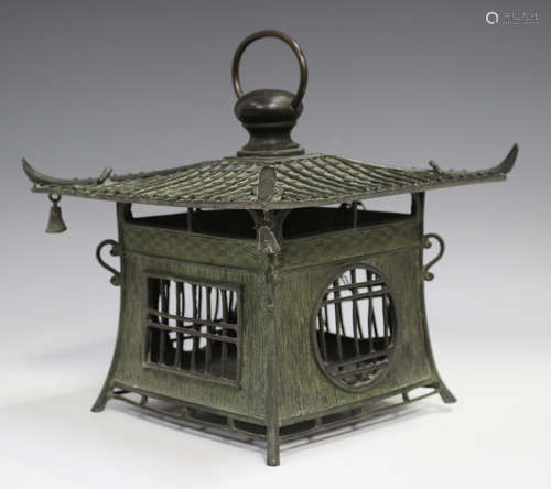 A Japanese bronze hanging lantern, early 20th century, with ...