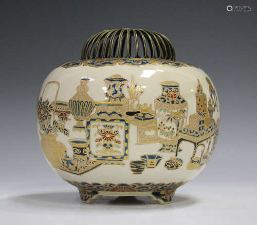 A Japanese Satsuma earthenware koro, Meiji period, the compr...