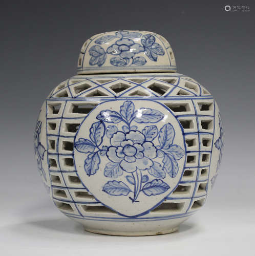 A Chinese Provincial blue and white pottery ginger jar and c...