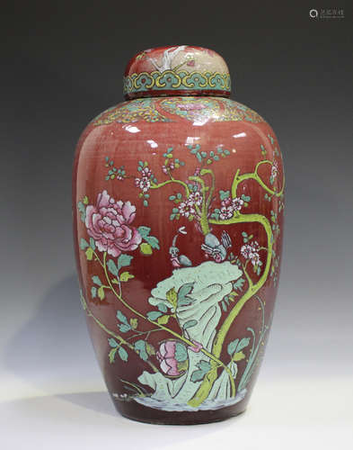 A Chinese famille rose enamelled sang-de-boeuf glazed jar an...