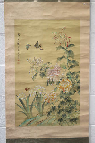 A Chinese hanging scroll painting, 20th century, depicting b...