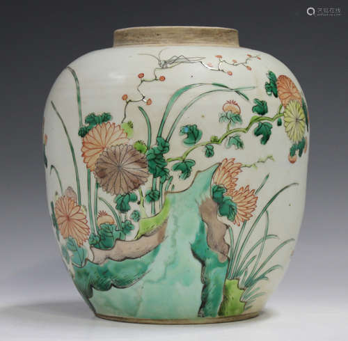 A Chinese famille verte porcelain ginger jar, Kangxi style b...