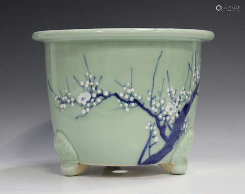 A Japanese blue and white celadon ground porcelain planter, ...