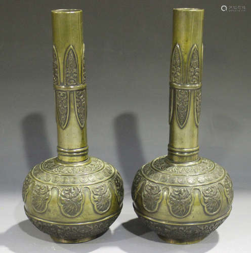 A pair of Chinese brown patinated bronze bottle vases, late ...