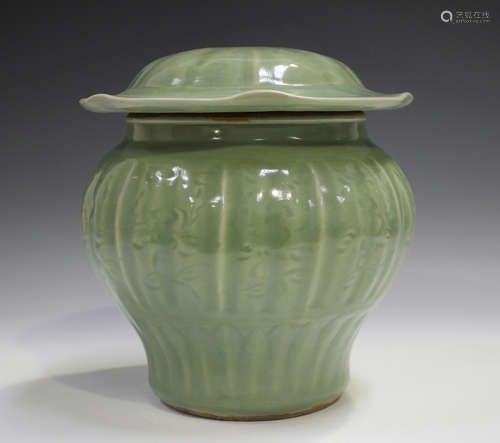 A Chinese Longquan style celadon glazed jar and cover, Ming ...