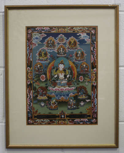 A Tibetan thangka, probably 20th century, painted in gouache...