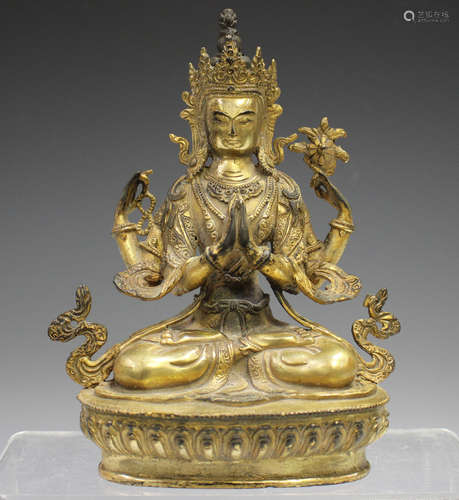 A Sino-Tibetan gilt bronze figure of Avalokiteshvara, probab...