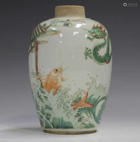 A Chinese famille verte porcelain jar, the ovoid body painte...