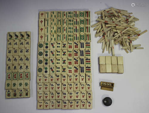 A Chinese Mahjong set, early 20th century, with bone and bam...