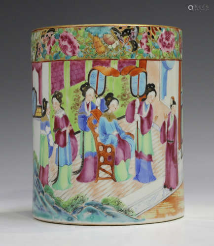 A Chinese Canton famille rose porcelain brush pot, mid-19th ...