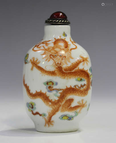 A Chinese porcelain snuff bottle, 20th century, of flattened...